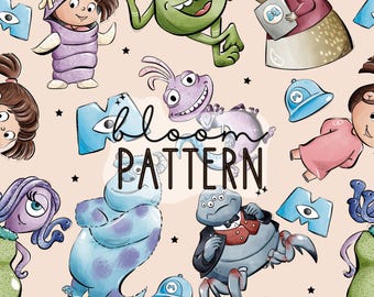 Monster Seamless Pattern, Cartoon Repeat Seamless Design, Fabric Sublimation