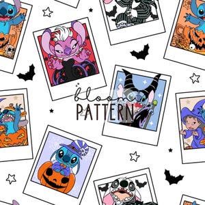 May include: A seamless pattern featuring cartoon characters in Halloween costumes, set within polaroid-style frames. The design includes bats, stars, and the text "bloom PATTERN" on a white background. The characters are in various Halloween costumes.