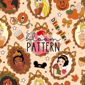May include: A seamless pattern featuring Disney princesses in ornate frames, pumpkins, Mickey Mouse silhouettes, and the text "Disneyland" and "bloom pattern" on a light peach background. Decorative bows and stars complete the design.