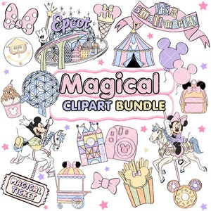 Può includere: Un pacchetto di clipart digitali con illustrazioni color pastello di icone di parchi a tema, tra cui una sfera geodetica, una giostra, un castello, una fotocamera, un biglietto con la scritta MAGICAL TICKET e il testo Magical CLIPART BUNDLE.