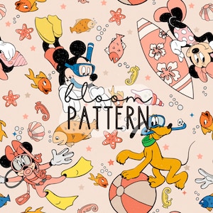 May include: A seamless pattern featuring Mickey Mouse, Minnie Mouse, and Pluto enjoying a day at the beach. The pattern includes various beach-themed elements such as seashells, starfish, fish, and a surfboard. The background is a light peach color.