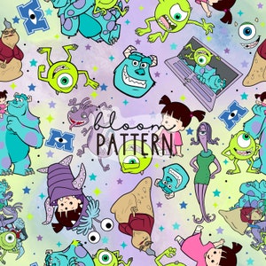 May include: A colorful seamless pattern featuring characters from the movie Monsters Inc. The pattern includes Sully, Mike, Boo, and other characters from the film. The background is a light purple and blue watercolor wash with stars.