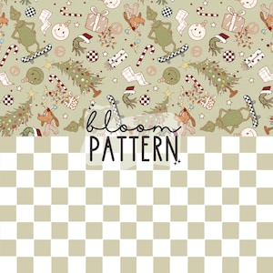 May include: A repeating pattern featuring cartoon characters, Christmas trees, skateboards, and gifts on a light green background. The text "bloom PATTERN" is displayed in a cursive font. The bottom half of the image has a checkered pattern.