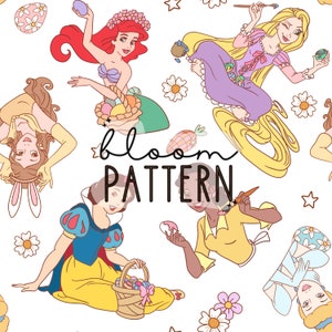 May include: A seamless pattern featuring Disney princesses dressed in Easter-themed outfits. The princesses include Snow White, Ariel, Belle, Tiana, and Rapunzel. The pattern is set against a white background with pastel-colored flowers and stars.