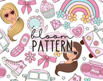 Padrão sem emenda de boneca rosa, padrão sem emenda feminino, padrão sem emenda de roupa de banho divertida primavera verão, sublimação de tecido