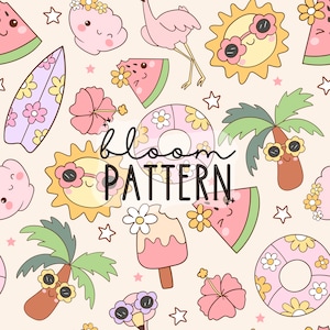 Summer Seamless Pattern, Palm Tree Fun Summer Seamless Design, Watermelon Pattern Pink Summer Seamless