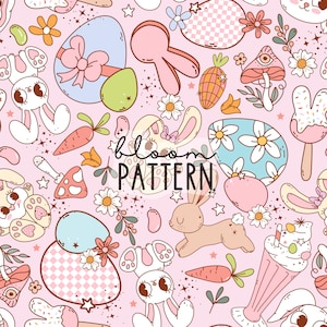 May include: A pink background with a repeating pattern of bunnies, eggs, carrots, flowers, and other Easter-themed elements. The text "bloom pattern" is in the center of the image.