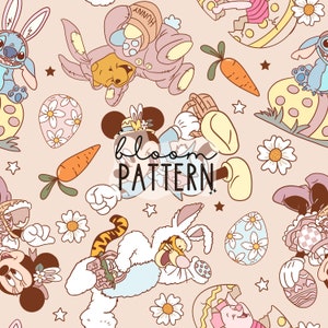 May include: A seamless pattern featuring various Disney characters dressed in Easter-themed outfits. The characters include Mickey Mouse, Minnie Mouse, Donald Duck, Goofy, and Stitch. The pattern also includes Easter eggs, carrots, and flowers. The text "bloom pattern" is written in the centre of the pattern.