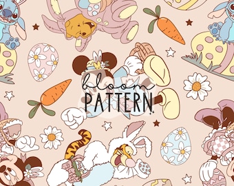 Easter Magical Seamless Pattern, Magical Easter Bunny Mouse Seamless pattern Design, Easter Seamless Design Fabric Design Sublimation