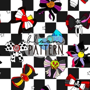 Puede incluir: Un patrón repetitivo de lazos coloridos sobre un fondo a cuadros blanco y negro. Los lazos presentan varios diseños, incluyendo lunares, calaveras, llamas y una manzana envenenada. También está presente el texto "bloom PATTERN".