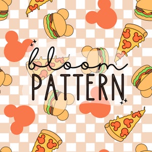 May include: A seamless pattern featuring cartoon images of pizza slices, hamburgers, and Mickey Mouse ears on a checkered background. The text "bloom pattern" is written in black across the center of the image.