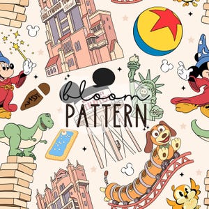May include: A seamless pattern featuring cartoon illustrations of the Hollywood Tower Hotel, a yellow and blue ball with a red star, a green dinosaur, a dog on a roller coaster, and a water tower with the text bloom PATTERN in the centre.
