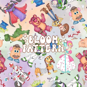 May include: A colourful seamless pattern featuring characters from the Toy Story franchise. The pattern includes Woody, Buzz Lightyear, Jessie, Mr. Potato Head, Rex, Slinky Dog, and Hamm. The pattern is set against a pastel background with stars and the text "BLOOM PATTERN".