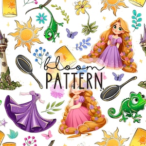 May include: A seamless pattern featuring illustrations of a princess with long blonde hair, a green chameleon, and a purple dress. The design includes suns, flowers, and the text "bloom PATTERN" on a white background.