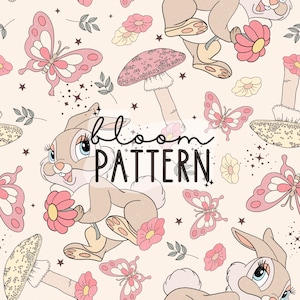 May include: A seamless pattern featuring a cute cartoon bunny holding a pink flower, butterflies, mushrooms, and stars on a light beige background. The text "bloom pattern" is in the centre of the design.