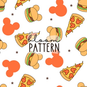May include: A seamless pattern featuring cartoon images of pizza slices, hamburgers, and Mickey Mouse ears. The background is white with brown stars.