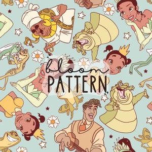 Peut inclure: Un motif fantaisiste mettant en scène des personnages du film d'animation La Princesse et la Grenouille. Le motif comprend Tiana, Naveen, Louis, Ray et Mama Odie. L'arrière-plan est bleu clair avec des accents verts, jaunes et blancs. Le motif est parfait pour le tissu, le papier peint ou d'autres projets créatifs.