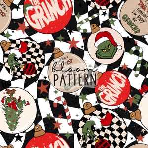May include: A seamless pattern featuring Christmas baubles with a Grinch theme. The baubles are decorated with a chequered pattern, stars, candy canes, and text that reads "The Grinch", "DNA Test Turns Out I'm 100% That Grinch!" and "Just Took a DNA Test Turns Out I'm Not That Grinch!"