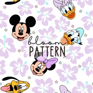 May include: A seamless pattern featuring Mickey Mouse, Minnie Mouse, Donald Duck, and Goofy. The characters are surrounded by purple hibiscus flowers and white stars on a white background. The text "bloom pattern" is in the center of the design.