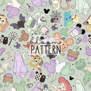 Halloween Magical Story Friends Seamless Pattern, Spooky Cartoon Seamless Pattern, Halloween Fabric Sublimation