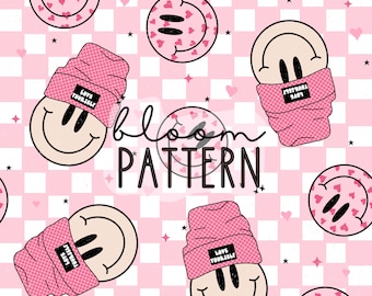 Retro Groovy Valentines Day Seamless Pattern, Smiley face Seamless Pattern, Love Seamless Pattern