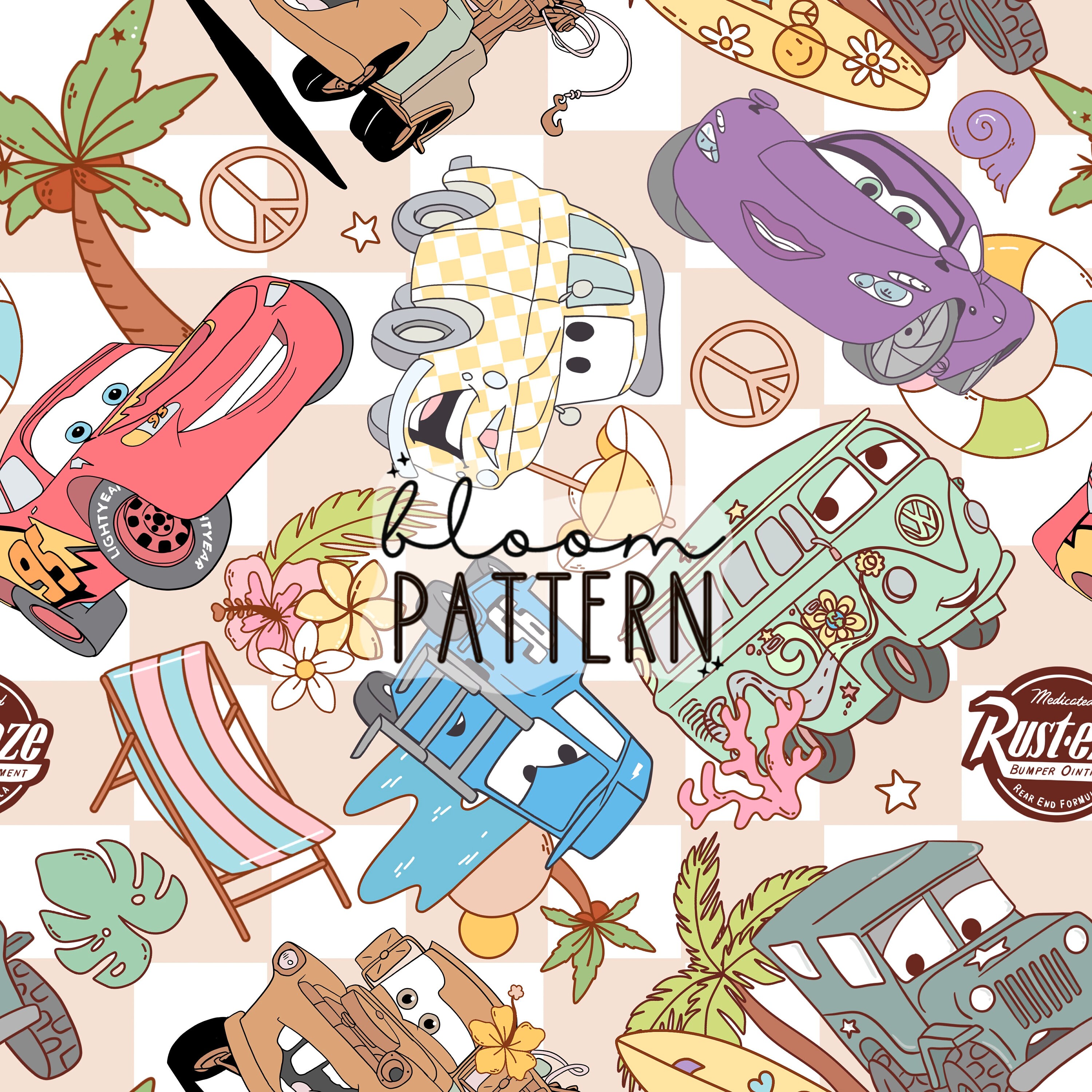 Cars Summer Seamless Design, Summer Beach Magical Car Movie Seamless Pattern, Fabric Sublimation