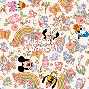 May include: A colourful seamless pattern featuring cartoon characters such as Mickey Mouse, Minnie Mouse, Donald Duck, and Goofy. The pattern also includes rainbows, butterflies, flowers, and the text "Bloom Pattern".