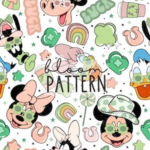 Magical St Patricks Day Seamless Pattern, Magical Mouse Retro Lucky Charms Seamless Pattern, Digital Design