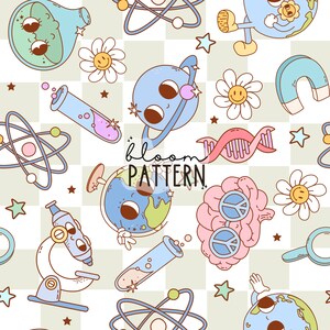 May include: A seamless pattern featuring a variety of cute cartoon science-themed illustrations, including a globe, a brain, a microscope, a test tube, a magnet, a DNA strand, and an atom. The pattern is set against a light green and white checkered background. The text "bloom pattern" is featured in the centre of the design.