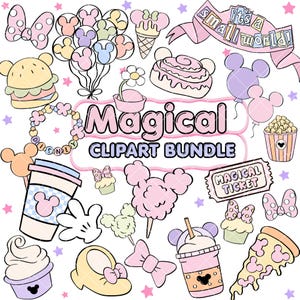 Peut inclure: Une collection d'images numériques présentant des illustrations aux tons pastel de ballons, collations, nœuds et un ticket en forme de Mickey. Le texte central indique Magical CLIPART BUNDLE, avec une bannière it's a small world au-dessus.