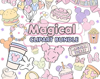 Puede incluir: Una colección de imágenes prediseñadas digitales con ilustraciones en tonos pastel de globos, bocadillos, lazos y un boleto con forma de Mickey. El texto central dice Magical CLIPART BUNDLE, con una pancarta arriba que dice it's a small world.