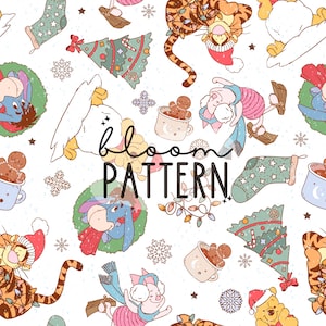 Patrón sin costuras de amigos de la historia mágica navideña, patrón sin costuras de dibujos animados de juguetes navideños, sublimación de tela