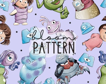 Monster Seamless Pattern, Cartoon Repeat Seamless Design, Fabric Sublimation