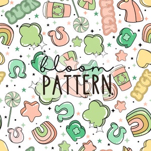 May include: A seamless pattern featuring a variety of green, pink, and yellow illustrations. The pattern includes shamrocks, horseshoes, rainbows, stars, and the words "LUCK" and "BLOOM PATTERN".