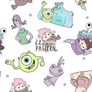 May include: A seamless pattern featuring cartoon characters from the movie Monsters Inc. The characters include Mike Wazowski, Sulley, Boo, Randall, and Celia. The background is white with scattered stars.
