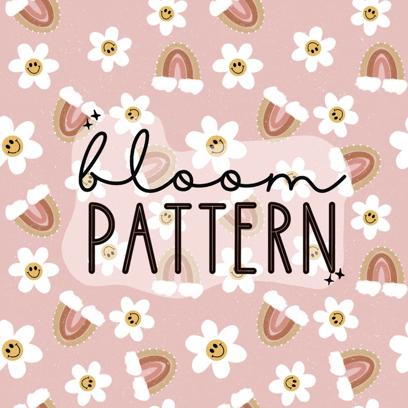 K&ouml;nnte beinhalten: Ein nahtloses Muster mit wei&szlig;en G&auml;nsebl&uuml;mchen mit Smiley-Gesichtern und braunen Regenbogenb&ouml;gen auf einem hellrosa Hintergrund. Der Text "bloom pattern" ist in Schwarz in der Mitte des Designs geschrieben.