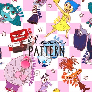 May include: A pink and white checkered background with cartoon characters from the movie Inside Out. The characters are Joy, Sadness, Fear, Anger, Disgust, and Shame. The text "bloom pattern" is in the center of the image.