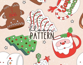 May include: A seamless pattern featuring various Christmas-themed mugs. The mugs are decorated with gingerbread men, Christmas trees, Santa Claus, and snowmen. The background is a light beige with white stars.