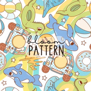 May include: A seamless pattern featuring a variety of summer-themed illustrations, including a blue whale, a green dinosaur, a yellow smiley face, a blue and white doughnut, a blue and white beach ball, a blue and white inflatable ring, a blue and white car, and a blue and white wave. The pattern is set against a white background with yellow and blue swirls.