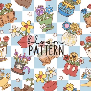 May include: A seamless pattern featuring various flower arrangements in different whimsical containers. The containers include a teacup, a hat, a cannon, a boot, a Mickey Mouse head, and a  'Hunny' jar. The background is a blue and white checkered pattern.
