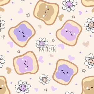 May include: A seamless pattern featuring cute cartoon toast with different toppings, including peanut butter and jelly. The background is a light beige colour with scattered hearts, stars, and daisies.