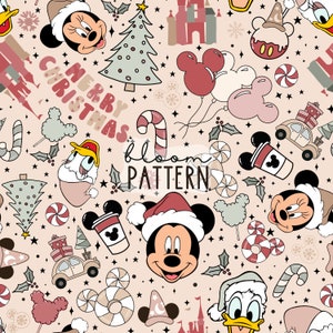 May include: A seamless pattern featuring Mickey Mouse, Minnie Mouse, Donald Duck, and other Disney characters in a festive Christmas theme. The pattern includes Christmas trees, candy canes, presents, and other holiday elements. The background is a light beige color.