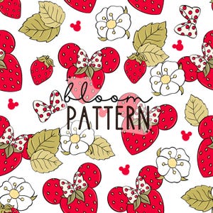 May include: A seamless pattern featuring red strawberries, white flowers, and green leaves on a white background. The strawberries are designed with mouse ears and bows. The text "bloom PATTERN" is also included.
