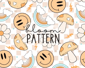 Retro smileygezicht naadloos patroon, Flower Power naadloos, Boho Rainbow naadloos