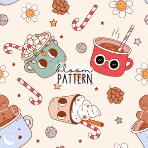 Christmas Hot Coffe Naadloze Patroon, Christmas Candy Boho Presents Naadloze patroon Design, Fabric Design Sublimation
