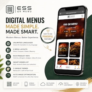 May include: A smartphone displaying the ESS QR MENU interface, featuring a digital menu with food images. Text includes DIGITAL MENUS MADE SIMPLE. MADE SMART., listing features like unlimited languages, four menu layouts, and smart order lists.