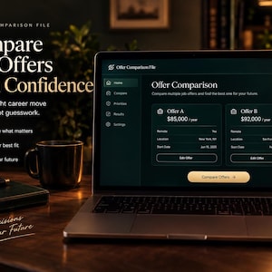 May include: A laptop displaying an Offer Comparison File interface with two job offers, one for $85,000 and one for $92,000. The screen shows text including Compare Job Offers With Confidence, Make the right career move with data, not guesswork, and Better Decisions for Your Future.