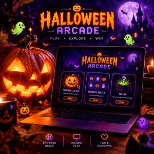 Op de afbeelding: Een laptopscherm met een Halloween Arcade-spelinterface met drie spelopties: Pumpkin Clicker, Memory Match en Trivia. Het scherm bevat oranje en paarse graphics, een spookkasteel en gepixelde geesten. De tekst luidt Halloween Arcade.