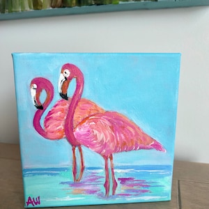 Two Famingos Bird Painting|Coastal Art|Small Art| 6x6 Original Acrylic on Canvas
