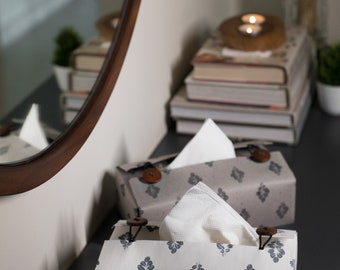 May include: Two tissue box covers with a floral pattern. The top cover is gray with a white tissue box inside. The bottom cover is white with a blue floral pattern and a white tissue box inside. Both covers have wooden buttons.